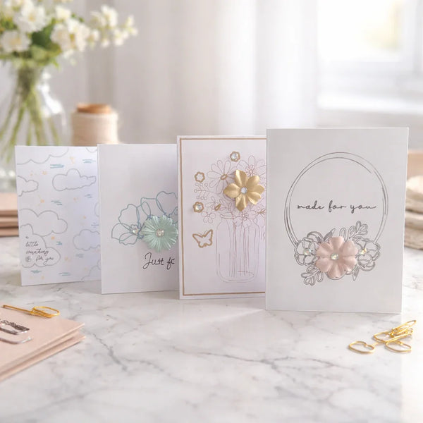 Handmade greeting cards with floral and cloud designs on marble table, cozy creative aesthetic