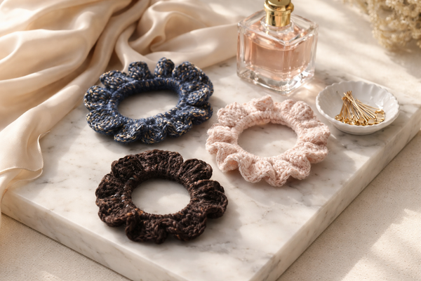 Handmade crochet hair bows and flower clips on a vanity, next to brush and comb.