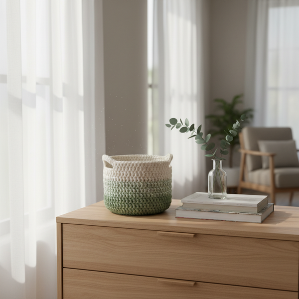 Handmade crochet basket on dresser in cozy sunlit living room, next to books and eucalyptus vase