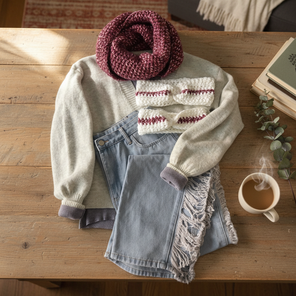 Cozy handmade crochet scarf and headbands with sweater, denim skirt, and coffee on wooden table.