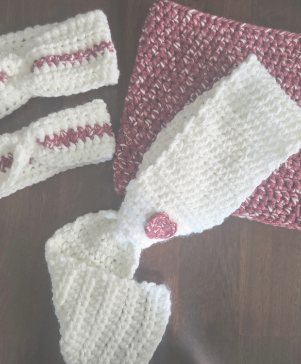 Handmade crochet gifts set with headbands, scarf, and cozy in cream and maroon yarn