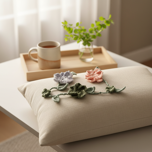 Handmade crochet flower pillow on table with coffee and plant, cozy handmade decor.