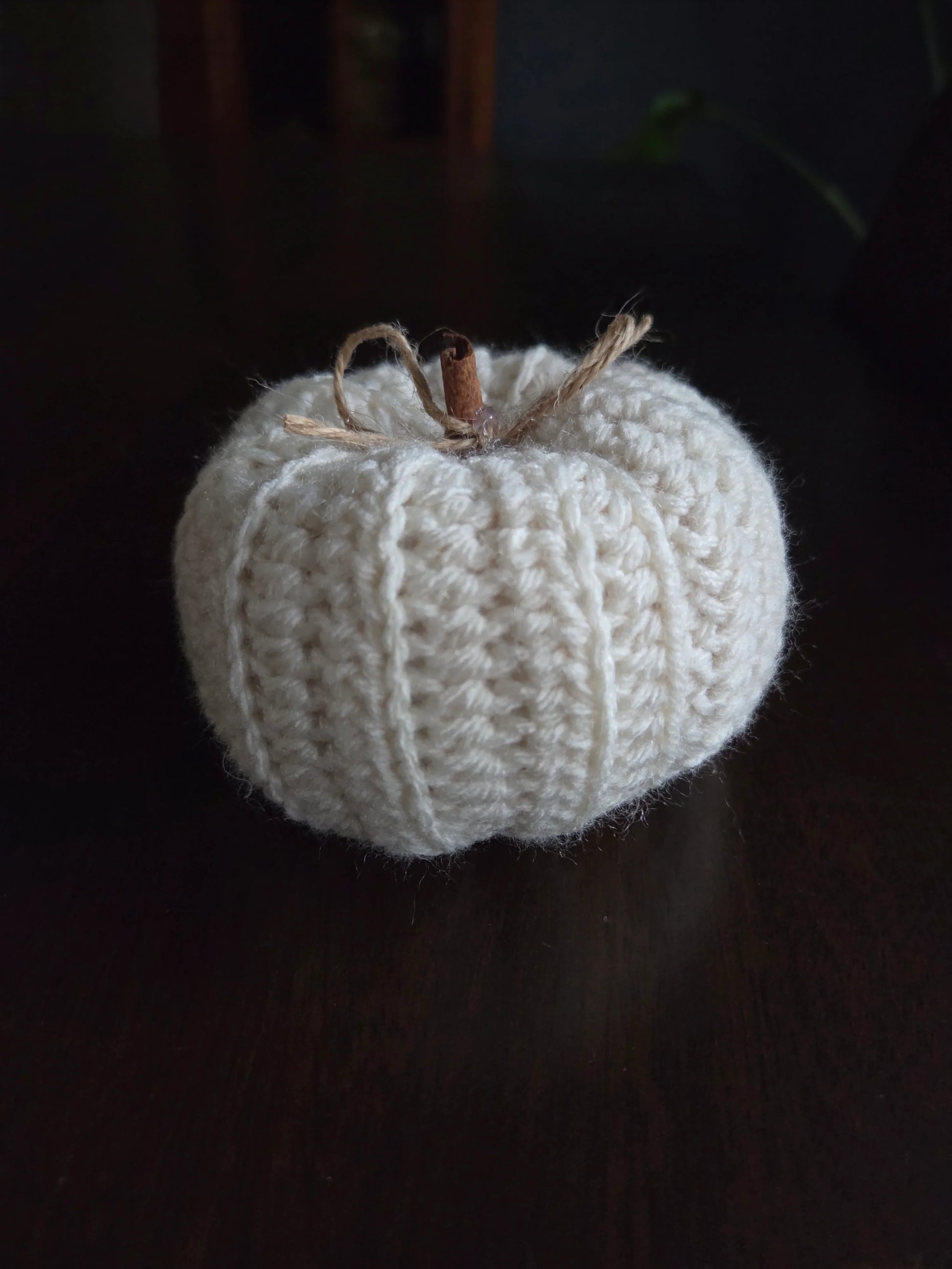 Handmade white knitted pumpkin with cinnamon stick stem on dark wooden table