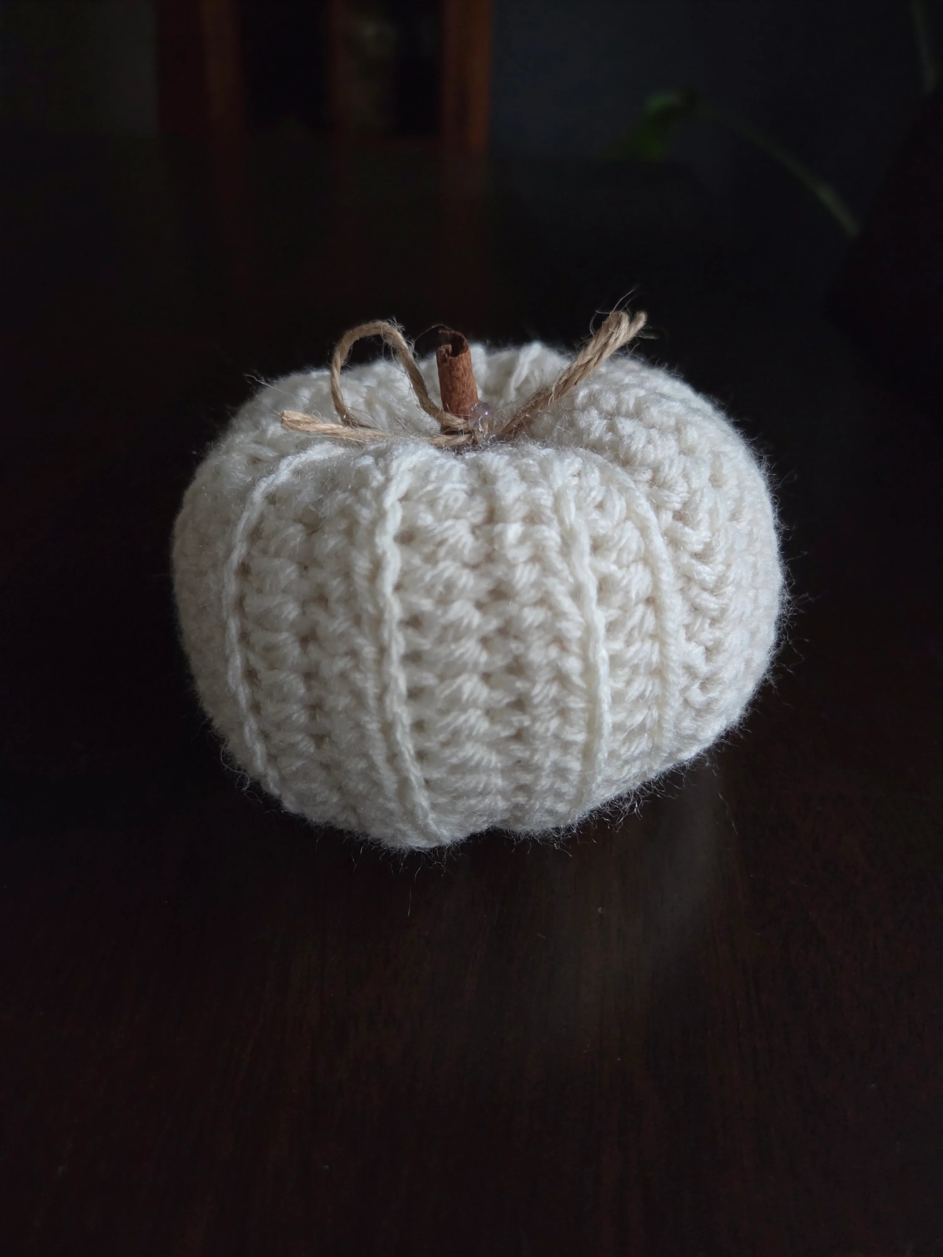 Handmade white knitted pumpkin with cinnamon stick stem on dark wooden table