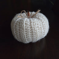 Handmade white knitted pumpkin with cinnamon stick stem on dark wooden table