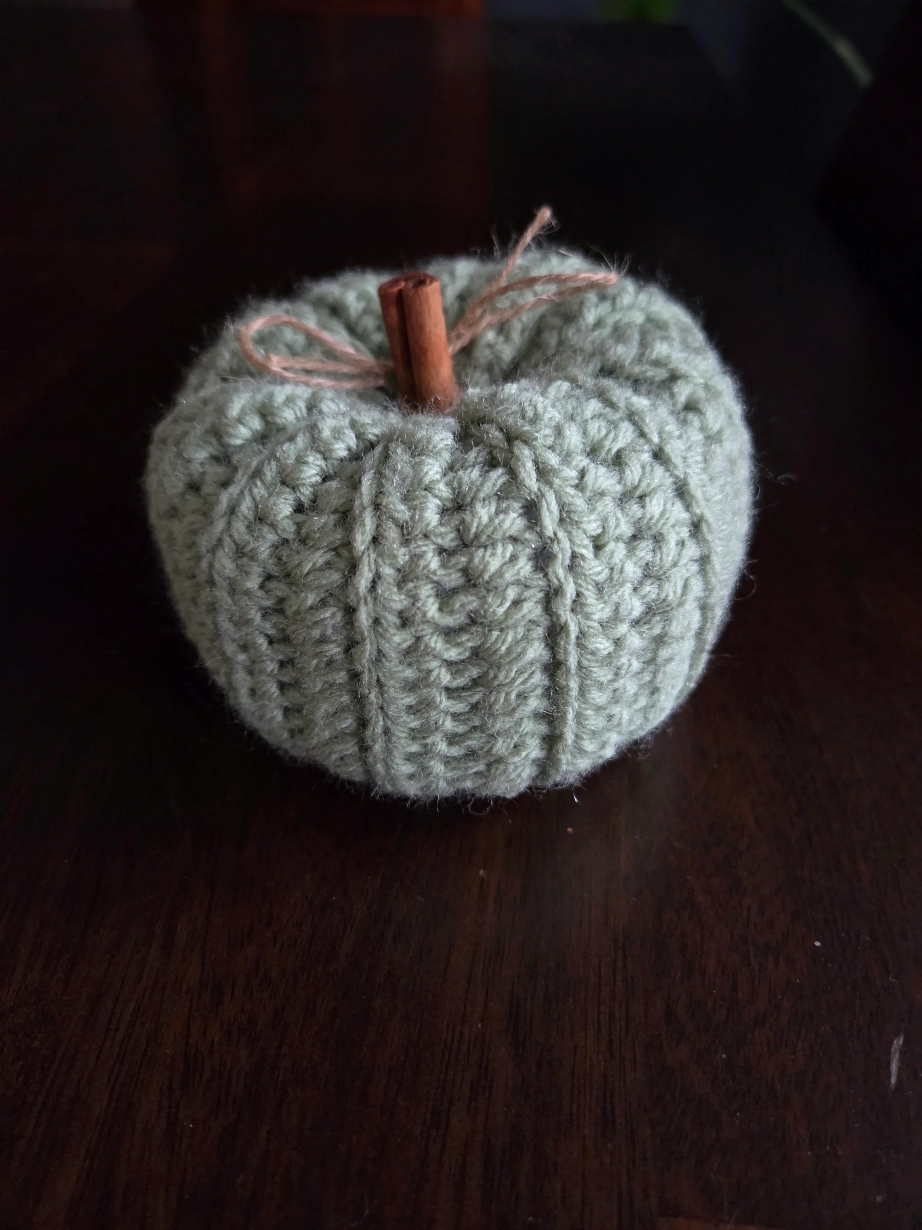 Handmade crochet pumpkin with cinnamon stick stem and twine bow on a dark wood table