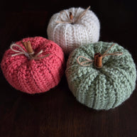 Three knitted pumpkins in white, pink, and green with cinnamon stick stems on dark wood