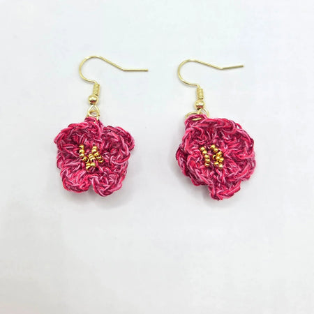 Handmade crochet flower earrings with gold beads, cozy and creative design
