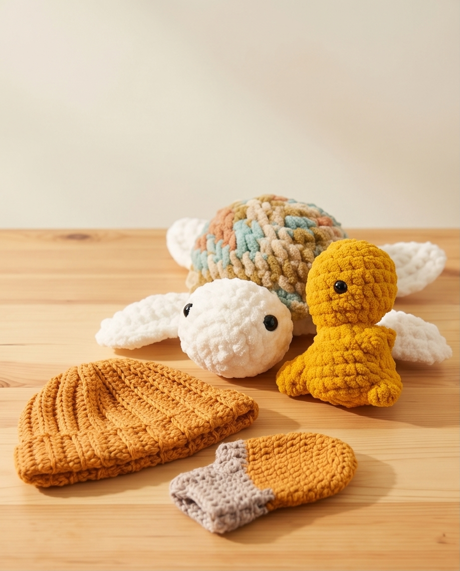 Handmade crochet turtle, duck, hat, and mitten on wooden surface for cozy gifts
