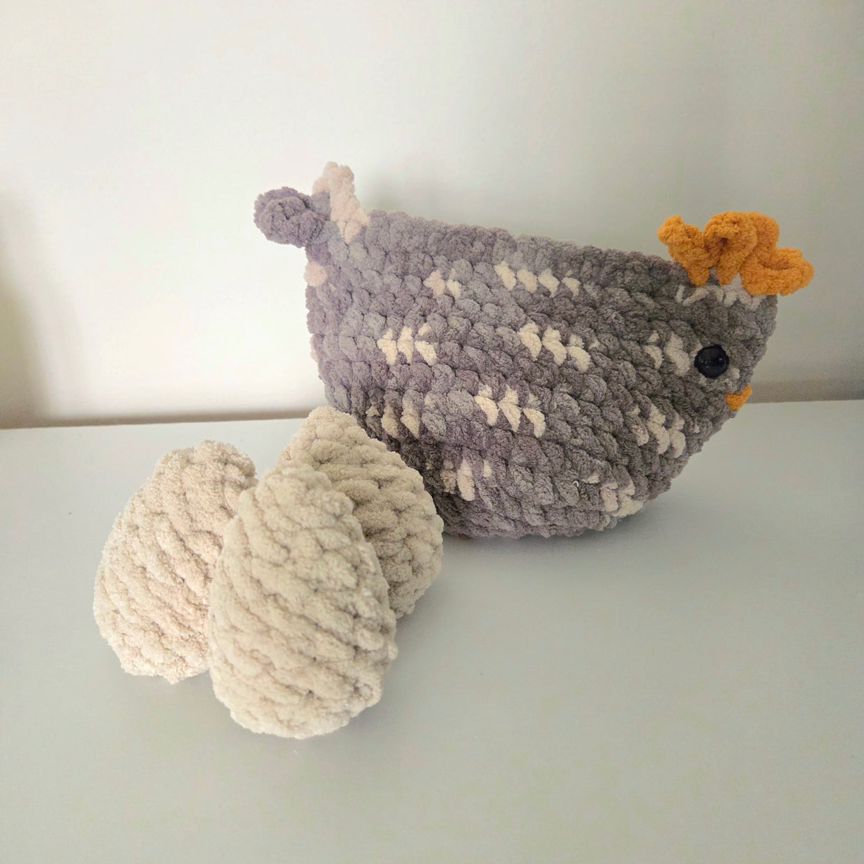 Handmade crochet chicken with eggs, cozy and creative home decor