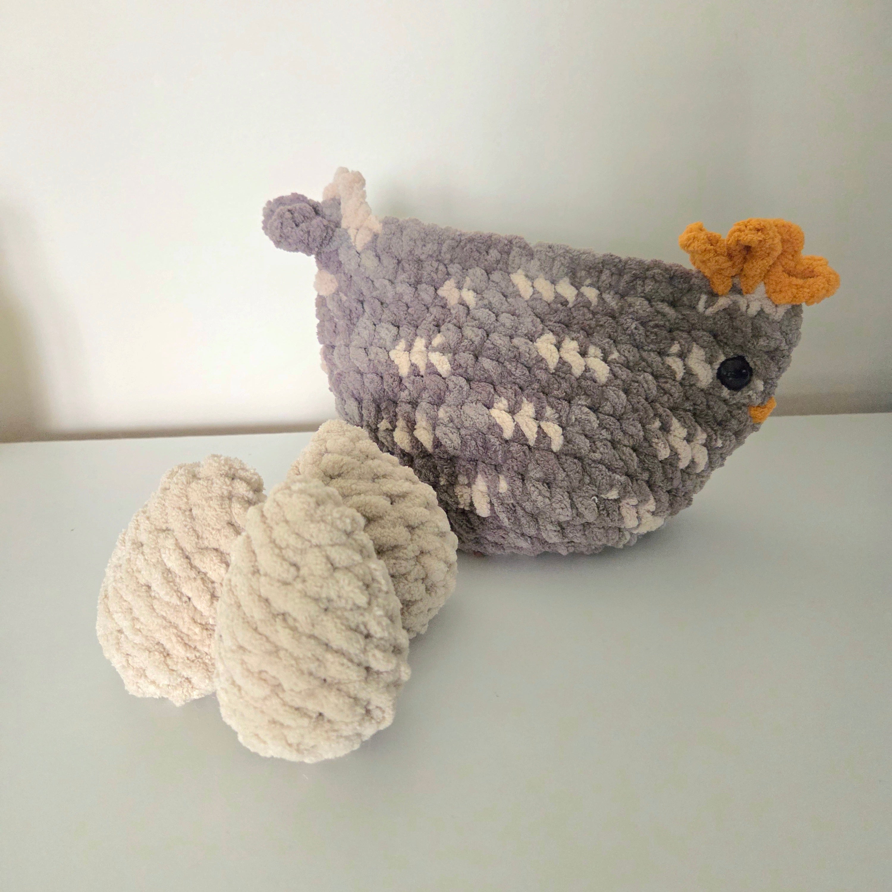 Handmade crochet chicken with eggs, cozy and creative home decor
