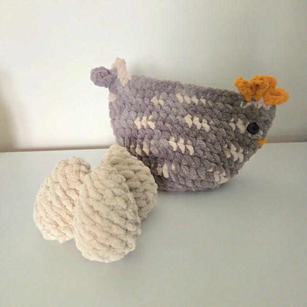 Handmade crochet chicken with eggs, cozy and creative home decor
