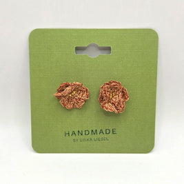 Handmade crochet flower earrings with gold beads on green card