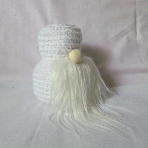 Handmade white crochet gnome with long beard and wooden nose, cozy home decor