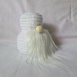 Handmade white crochet gnome with long beard and wooden nose