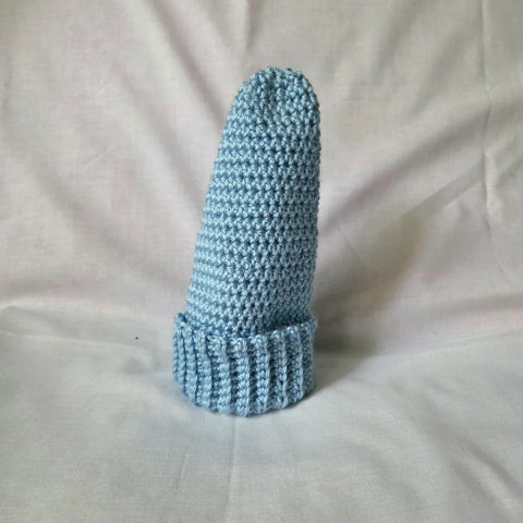 Light blue crocheted beanie with ribbed brim, handmade cozy winter hat