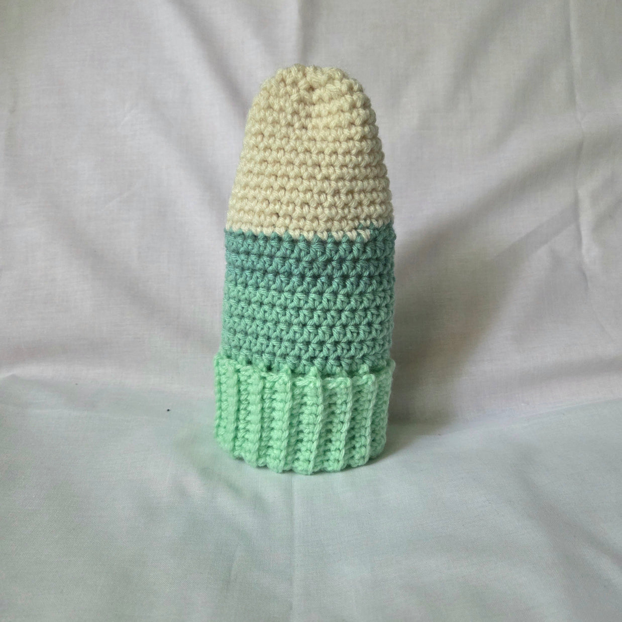 Handmade crochet cactus in cream and mint green, cozy home decor