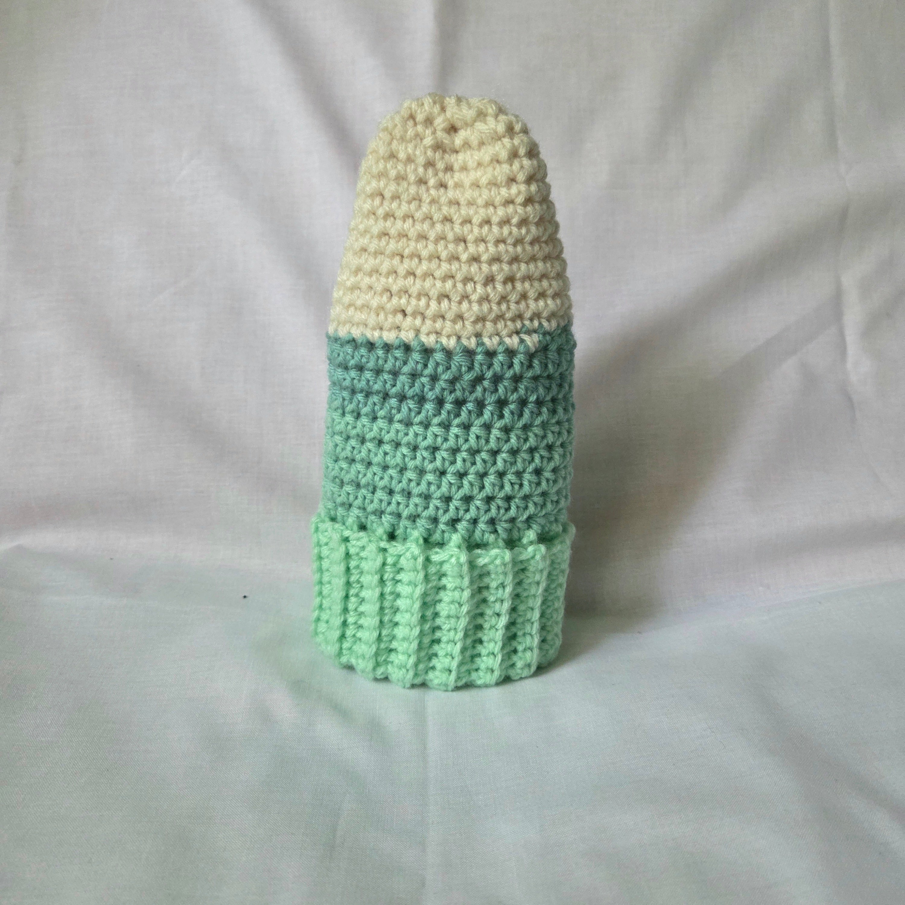Handmade crochet cactus in cream and mint green, cozy home decor