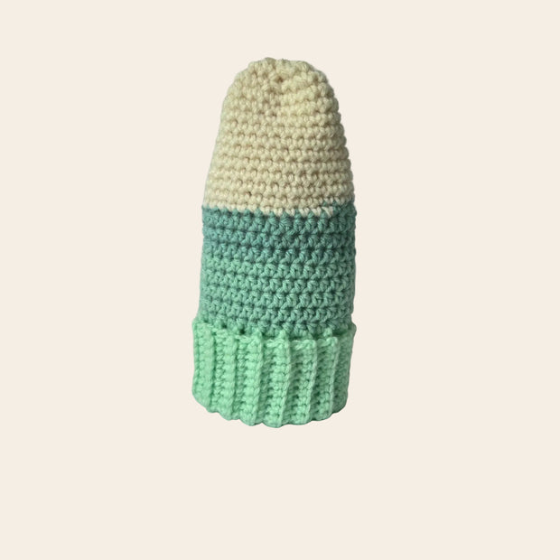 Handmade crochet corn on the cob decoration in cream and mint green, cozy kitchen decor