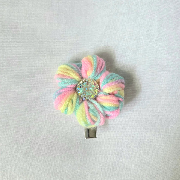 Pastel rainbow crochet flower hair clip with sparkling center