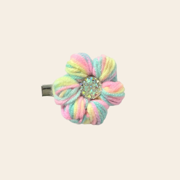 Pastel rainbow crochet flower hair clip with sparkling center