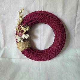 Handmade burgundy crochet wreath with dried flowers and burlap, cozy home decor