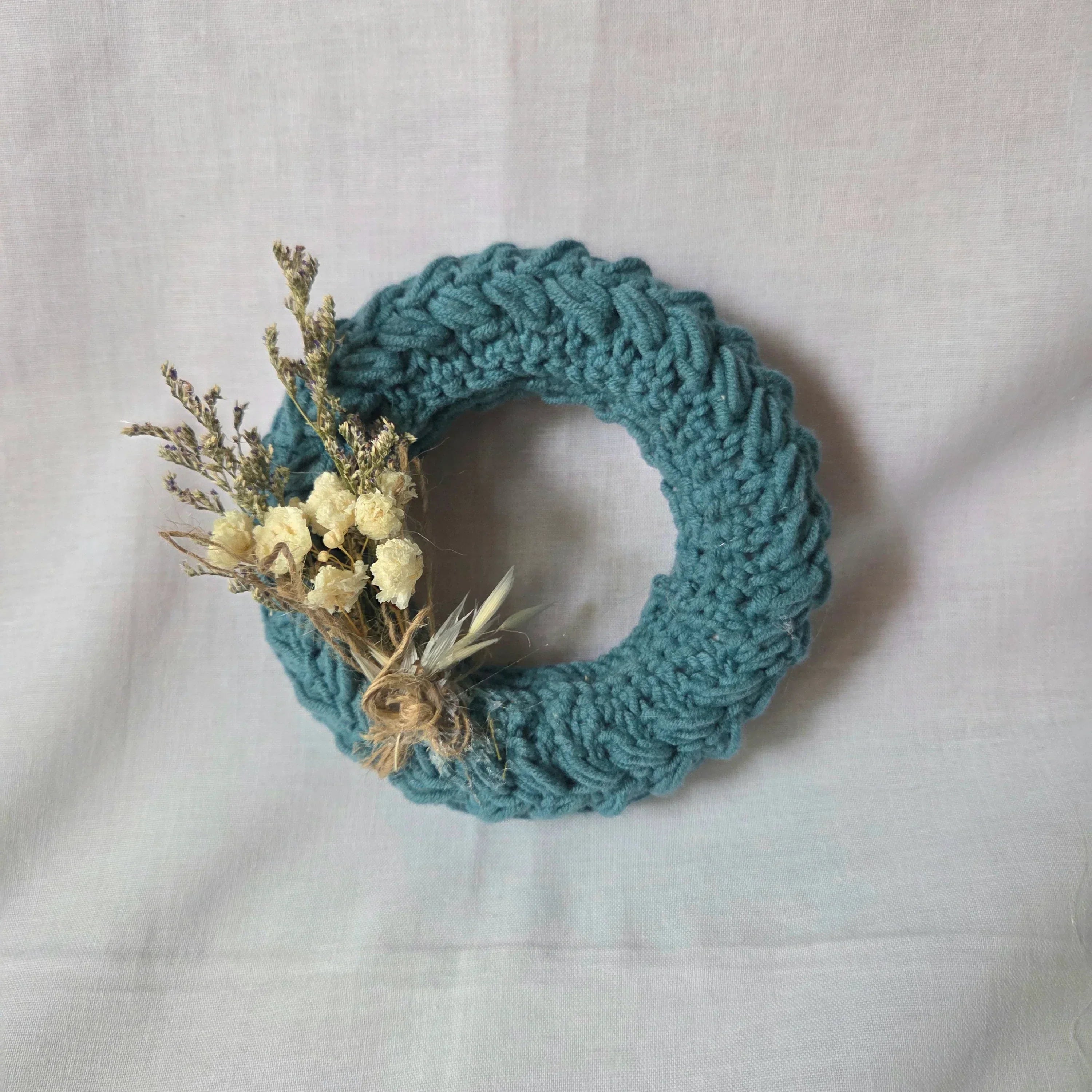 Teal crochet wreath with dried flowers, cozy handmade decor for home
