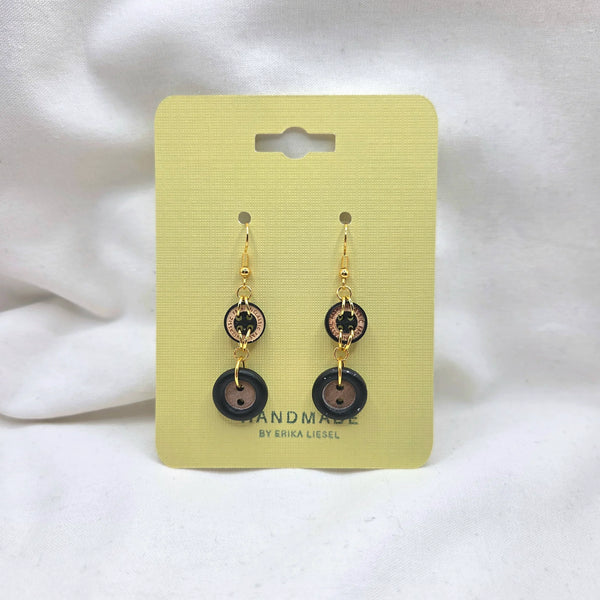 Handmade button earrings with gold hooks on yellow card, cozy crochet gift idea