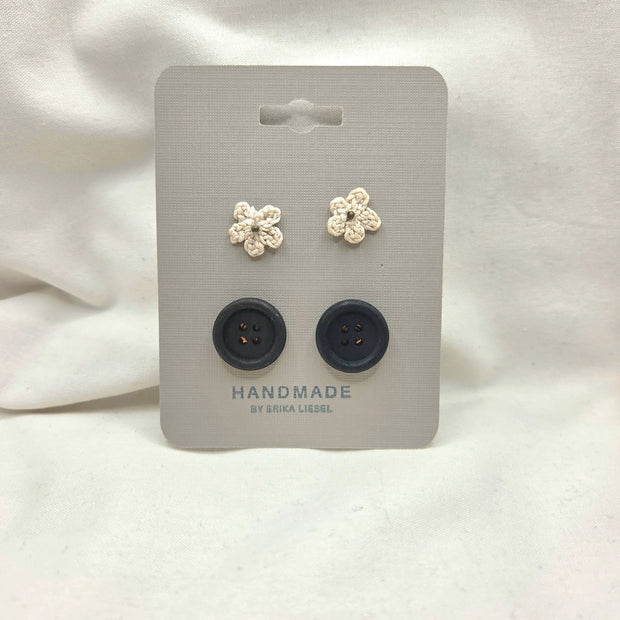 Handmade crochet flower and black button earrings on display card, cozy craft gift