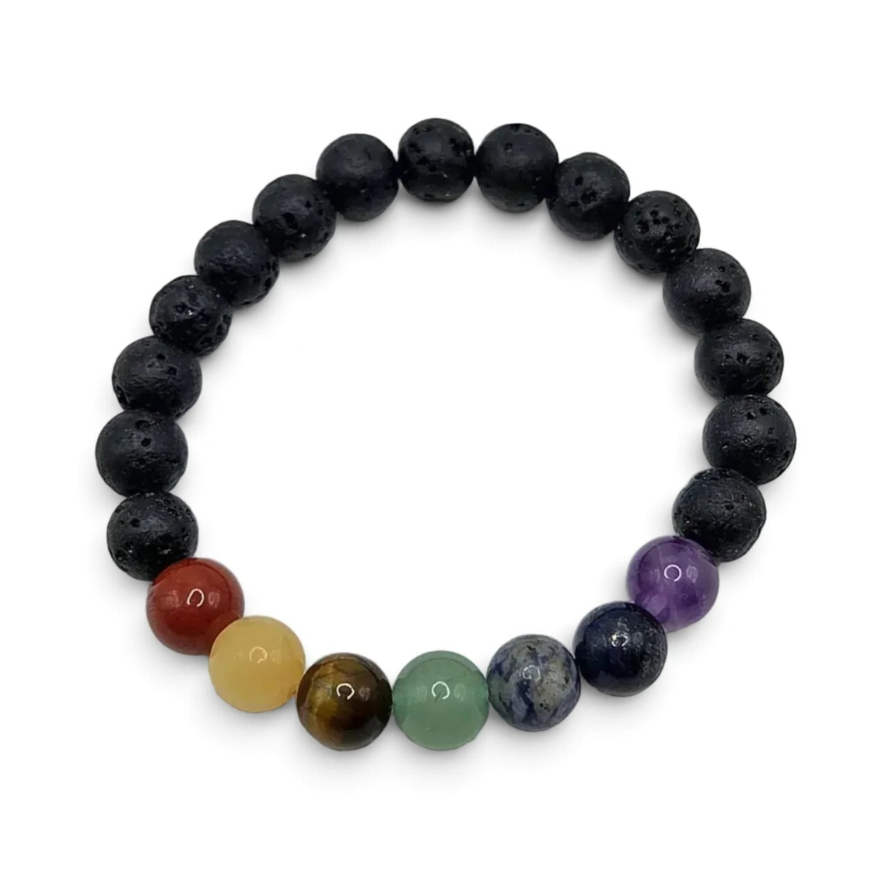 Chakra stone bracelet with lava beads and colorful gemstones for healing and balance