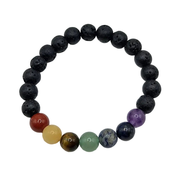 Chakra stone bracelet with lava beads and colorful gemstones for healing and balance