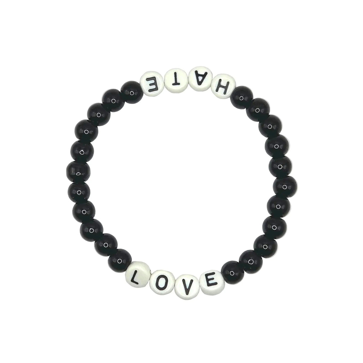 A beaded stretch bracelet on a plain white background, featuring black round beads and white letter beads spelling out 'HATE' on one side and 'LOVE' on the other.