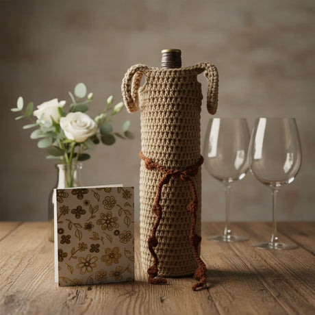 Handmade crochet wine bottle cozy with floral card and wine glasses on rustic table