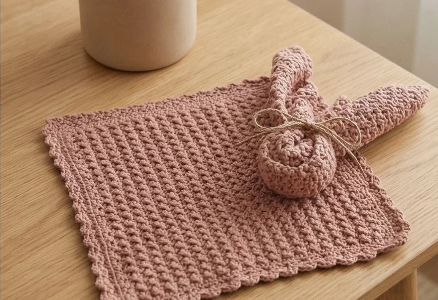 Knitted pink bunny and carrot on a textured pink cloth on a wooden surface.