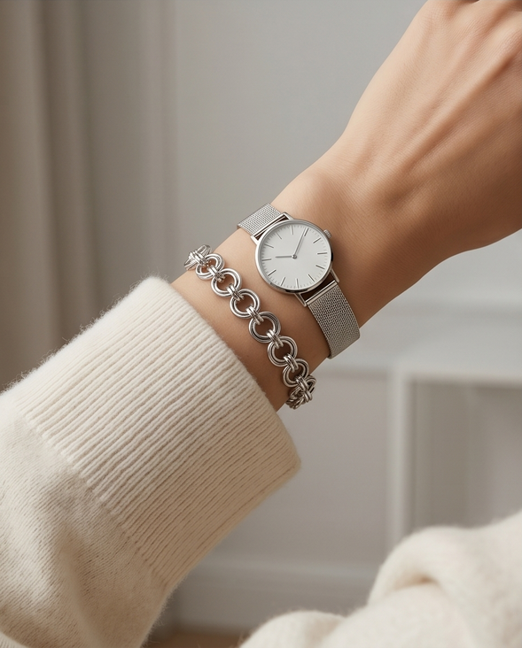 Silver watch and chain bracelet on wrist, cozy sweater sleeve, minimalist style