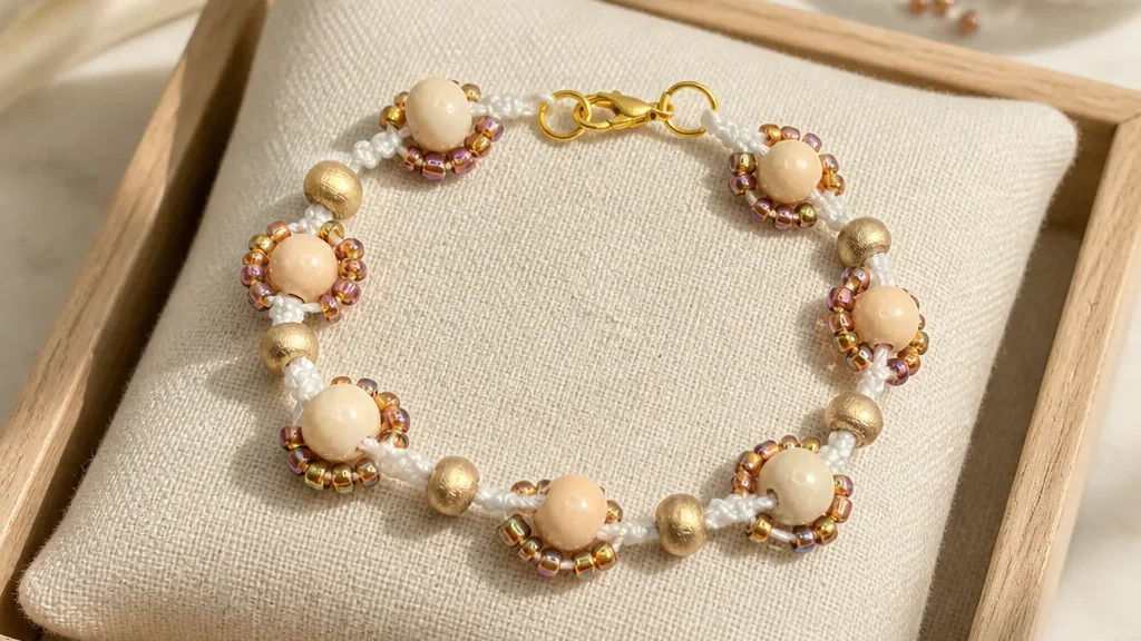 Delicate bracelet with gold and beige beads on a beige cushion, surrounded by soft lighting.