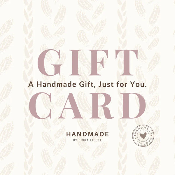 Handmade gift card by Erika Liesel, featuring crochet-inspired design and 'Handmade with Love' seal