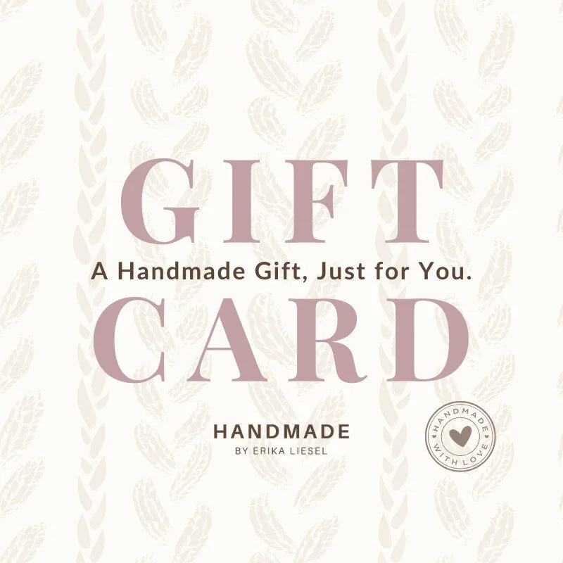 Handmade gift card by Erika Liesel, featuring crochet-inspired design and 'Handmade with Love' seal