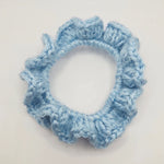 Light blue handmade crochet scrunchie, cozy and soft hair accessory for everyday comfort