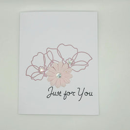 Handmade card with pink flowers and rhinestones, 'Just for You' text, cozy gift design