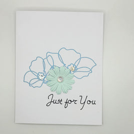 Handmade card with blue floral design and 'Just for You' text, perfect for cozy gifts