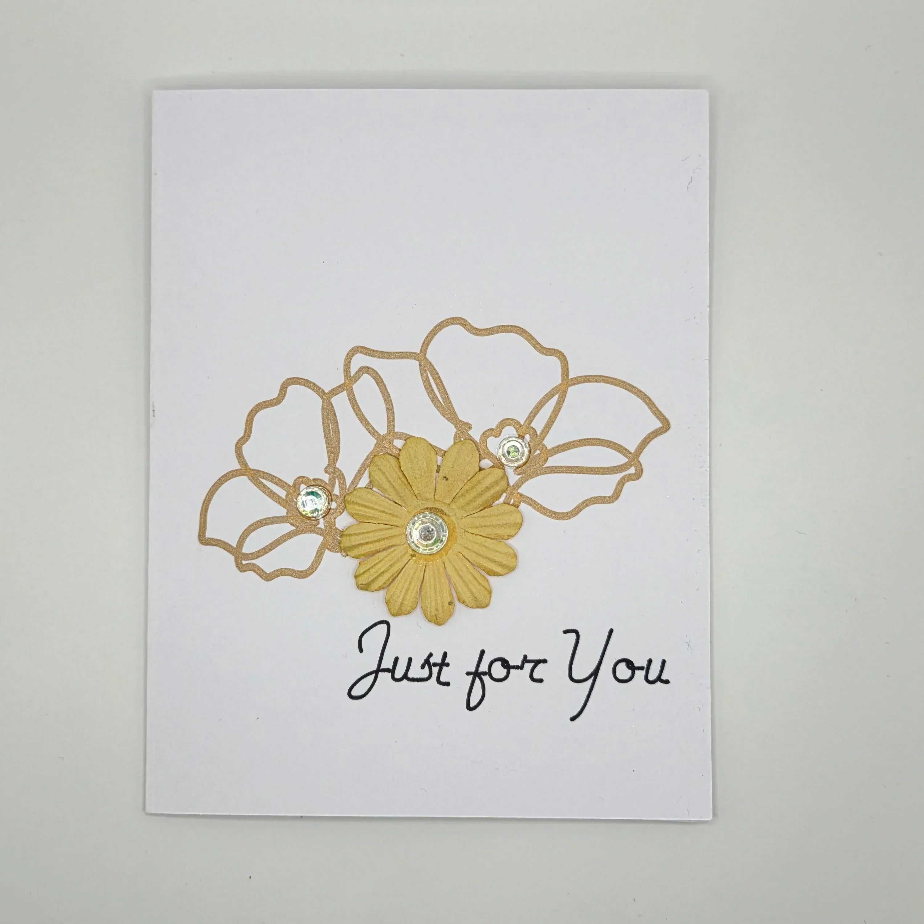 Handmade card with gold flower and rhinestones, 'Just for You' text, cozy gift design
