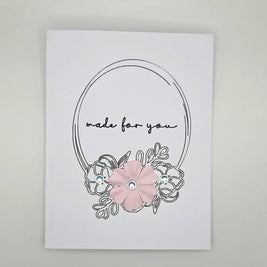 Handmade card with 'made for you' text, pink flower, and rhinestones, perfect for cozy gifts