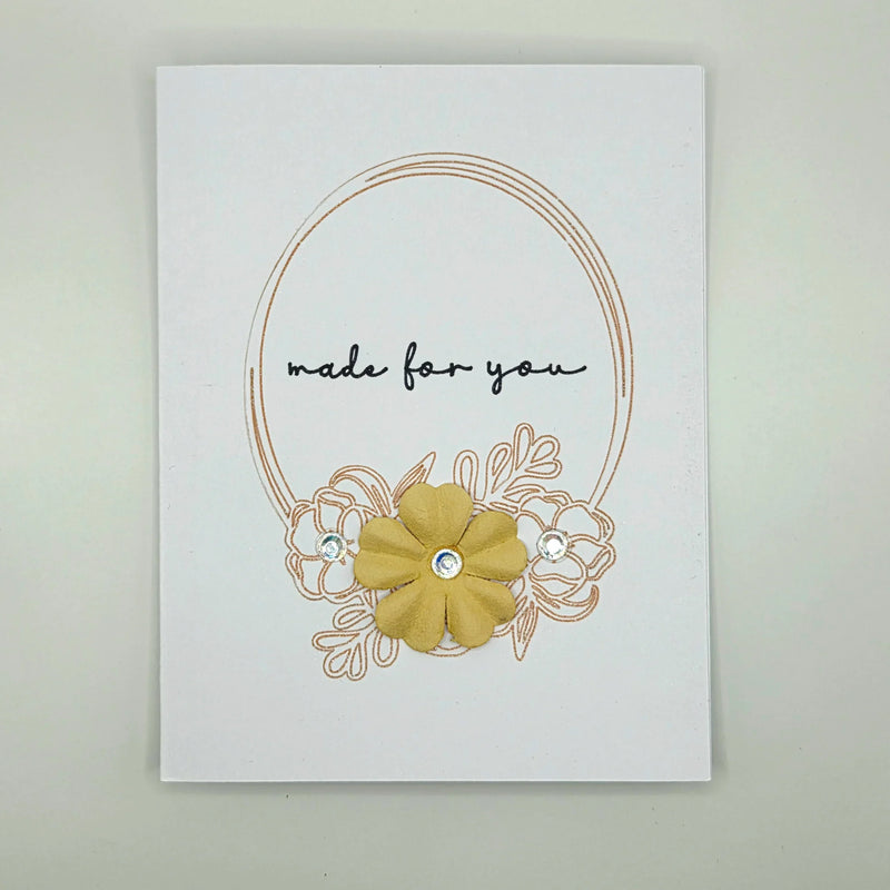 Handmade card with 'made for you' text, gold floral design, and gem accents for cozy, thoughtful gifting.
