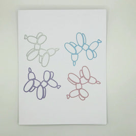 Four glittery balloon animal designs in silver, blue, purple, and pink on white paper