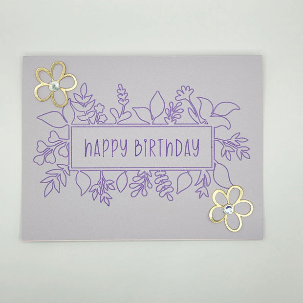 Handmade lavender birthday card with floral line art and gold flower embellishments