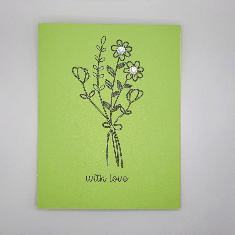 Green greeting card with glittery flower bouquet and 'with love' text, handmade gift for any occasion