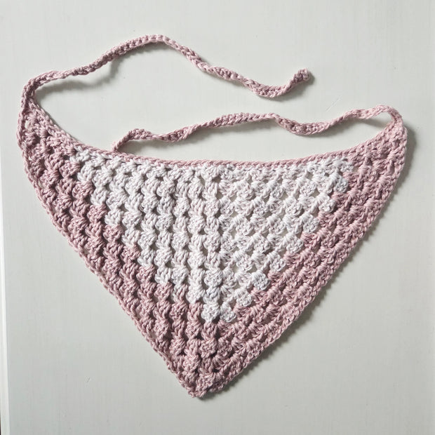 Handmade crochet triangle bandana in pink and white by Erika Liesel