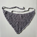 Handmade gray crochet triangle scarf with adjustable ties, cozy and stylish for everyday wear