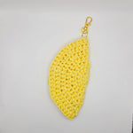 Handmade yellow crochet lemon keychain, cozy craft gift with gold clasp